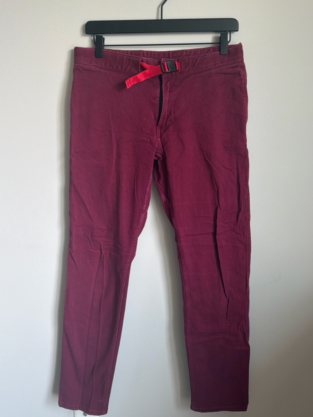 Topo Designs Hiking/Climbing Pants in Burgundy with Red Webbing Belt